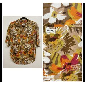 VTG 90s Guess USA Aloha Hawaiian Shirt Brown Size M‎ Tropical Floral Hibiscus